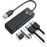ORICO 4-Port USB 3.0 Hub (PAPW4A-U3-015-BK-EP) in black, featuring 5Gbps data transfer and slim portable design for laptops and PCs