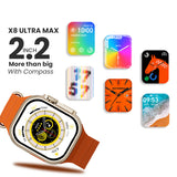 X8 Ultra Max Series 8 smartwatch with a 2.2 inch screen, built-in compass, physical strap lock, and wireless charging
