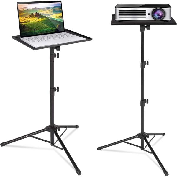 Portable height adjustable projector and laptop tripod stand with safety tray and non-slip mat