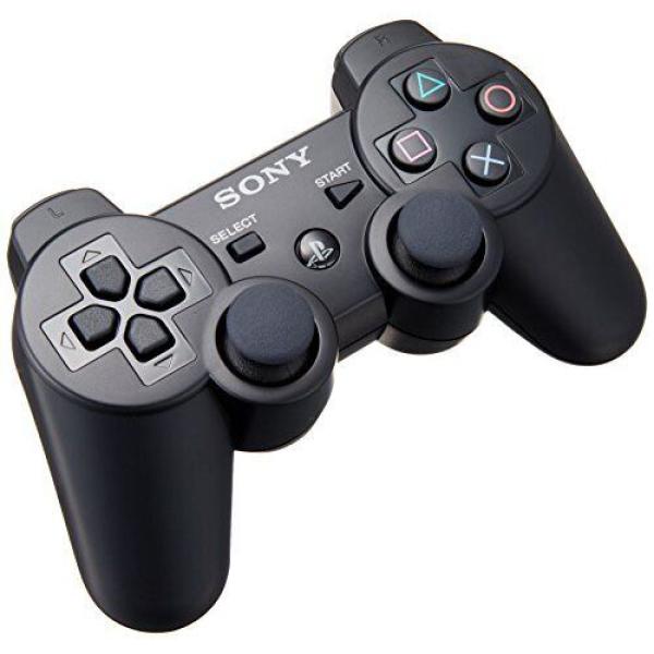 PS3 DualShock 3 wireless controller in black featuring Sixaxis motion sensing and Bluetooth connectivity