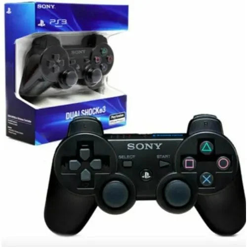PS3 DualShock 3 wireless controller in black featuring Sixaxis motion sensing and Bluetooth connectivity