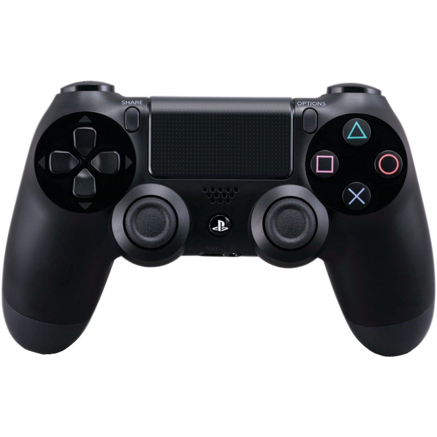 PS4 DualShock 4 wireless game controller in Jet Black featuring touch pad, light bar, and share button
