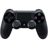 PS4 DualShock 4 wireless game controller in Jet Black featuring touch pad, light bar, and share button