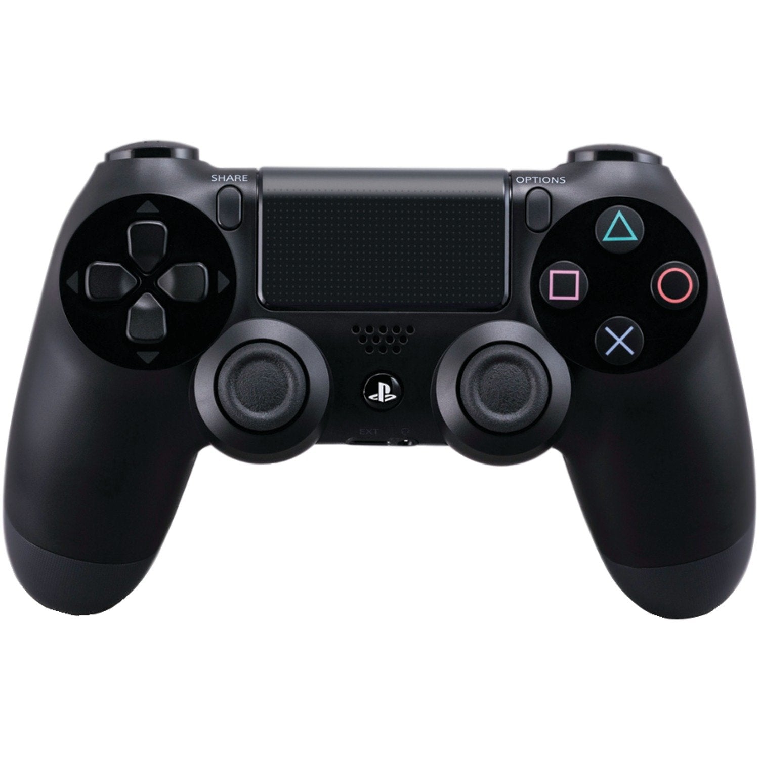 PS4 DualShock 4 wireless game controller in Jet Black featuring touch pad, light bar, and share button