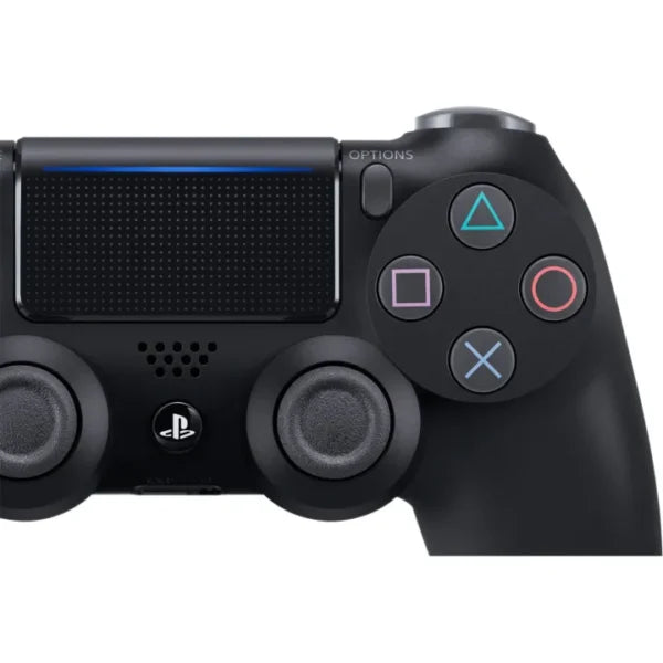 PS4 DualShock 4 wireless game controller in Jet Black featuring touch pad, light bar, and share button