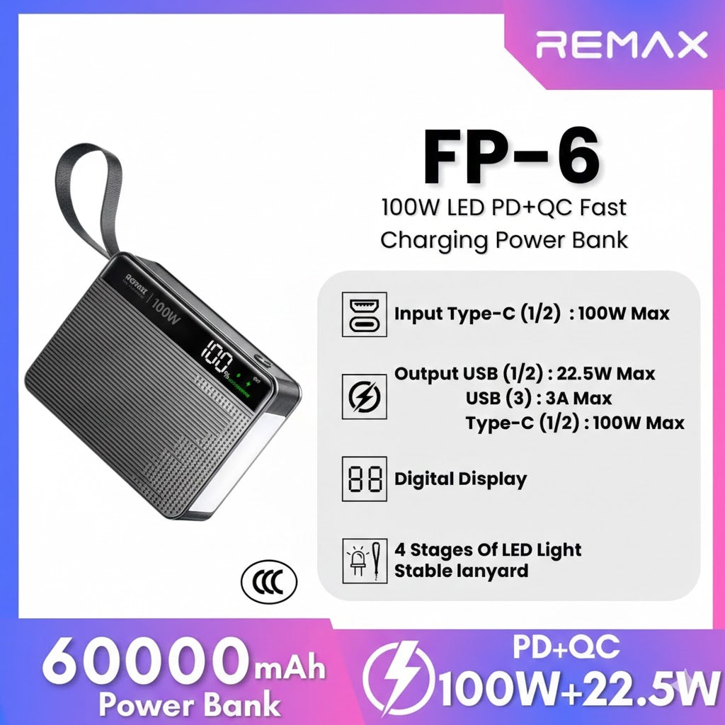 REMAX FP-6 60000mAh 100W LED Light Fast Charging Power Bank High Capacity Portable Charger