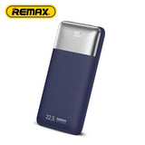 Remax Kiyuan Series RPP-5 22.5W power bank featuring 10000mAh capacity, integrated LCD screen, dual outputs, and dual input layout with Lightning support