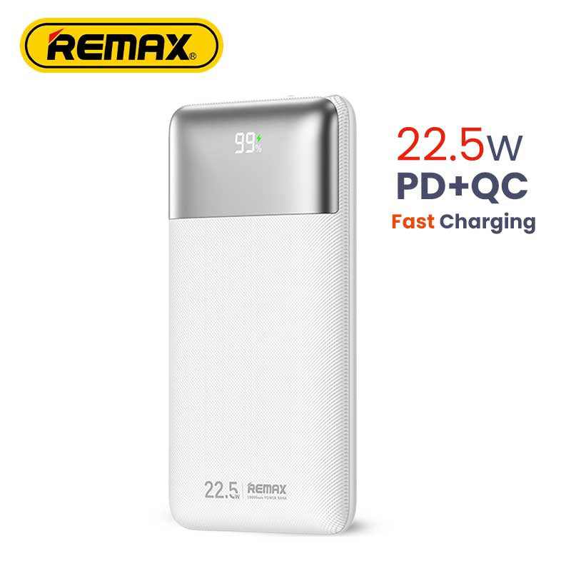 Remax Kiyuan Series RPP-5 22.5W power bank featuring 10000mAh capacity, integrated LCD screen, dual outputs, and dual input layout with Lightning support