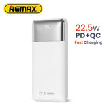Remax Kiyuan Series RPP-5 22.5W power bank featuring 10000mAh capacity, integrated LCD screen, dual outputs, and dual input layout with Lightning support