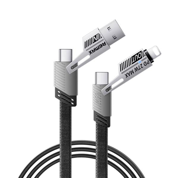 Remax RC-C189 65W 4-in-1 multi-functional data cable highlighting its interchangeable 2-in-2 USB and Type-C connector heads, rugged flat braided design, and custom aluminum tips