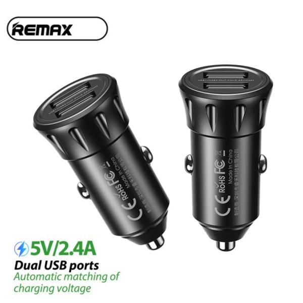 Remax RCC-236 Vanguard Series car charger showing its ultra-compact dual USB port layout, sturdy side contact springs, and premium ABS+PC casing