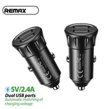 Remax RCC-236 Vanguard Series car charger showing its ultra-compact dual USB port layout, sturdy side contact springs, and premium ABS+PC casing