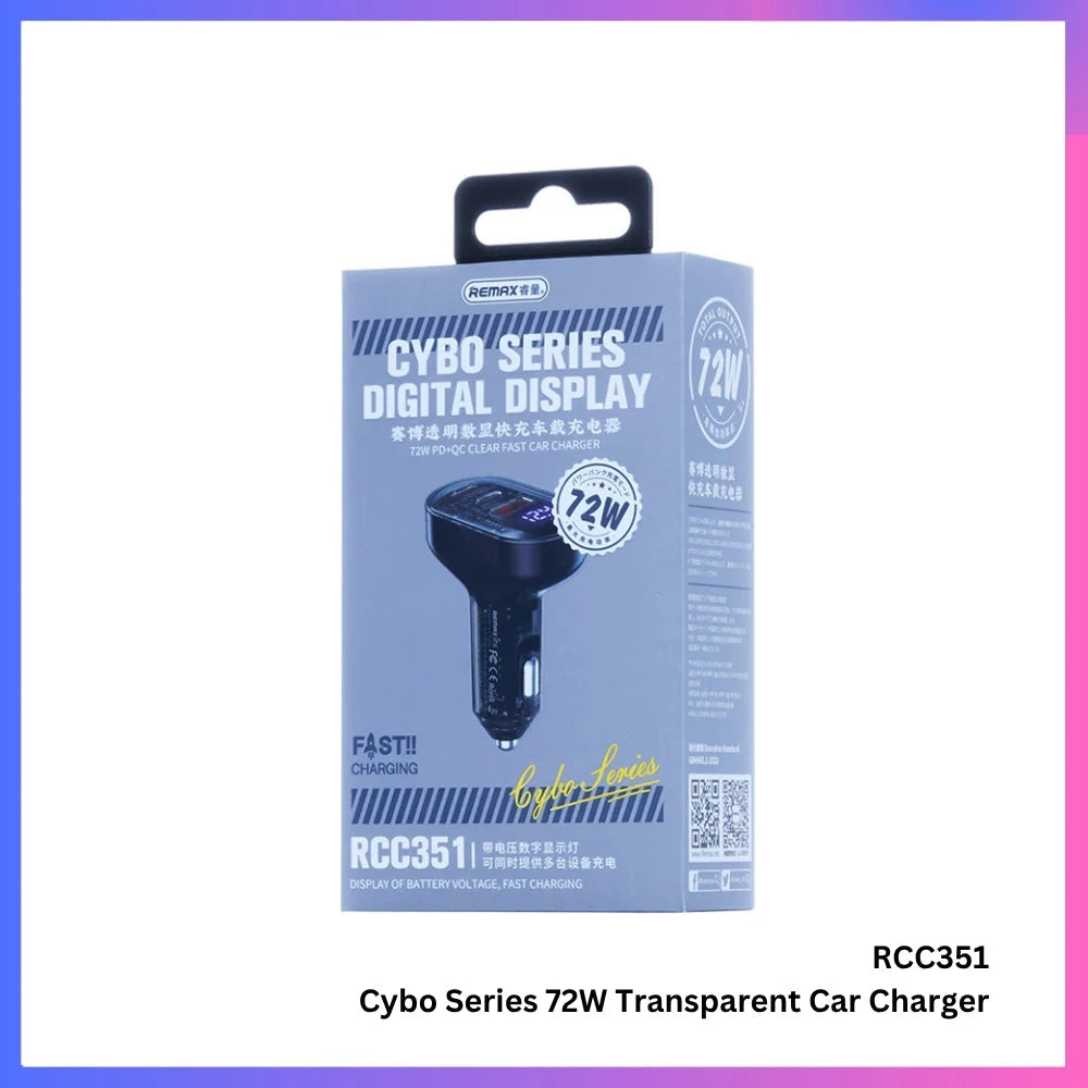 REMAX RCC351 Cybo Series 72W PD and QC 1A+2C Transparent Fast Car Charger with Digital Display