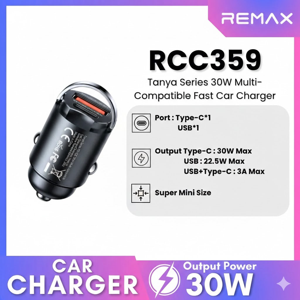REMAX RCC359 30W 1A+1C Tanya Series PD and QC Multi Compatible Fast Car Charger