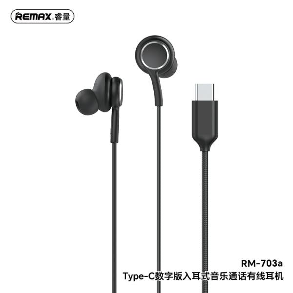 REMAX RM-703A Type-C wired handfree featuring 360° surround sound, digital analyzer chip, and comfortable ergonomic design for professional use