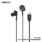 REMAX RM-703A Type-C wired handfree featuring 360° surround sound, digital analyzer chip, and comfortable ergonomic design for professional use