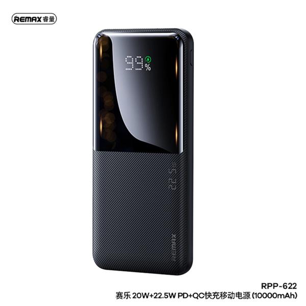 Remax RPP-622 22.5W super fast charging power bank featuring 10000mAh capacity, large LED digital display, PD 20W Type-C port, and multi-protocol support