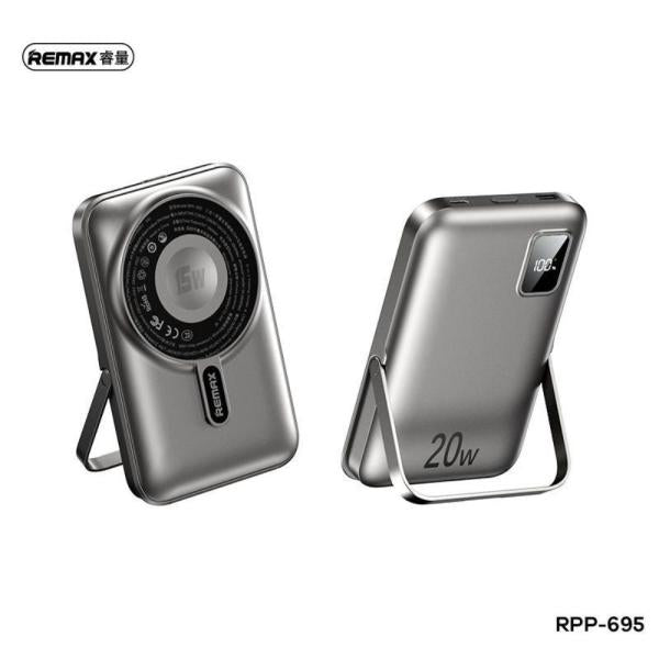 Remax RPP-695 3-in-1 wireless power bank featuring 10000mAh capacity, dedicated Apple Watch charger, 15W magnetic phone charging, and foldable kickstand