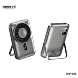 Remax RPP-695 3-in-1 wireless power bank featuring 10000mAh capacity, dedicated Apple Watch charger, 15W magnetic phone charging, and foldable kickstand