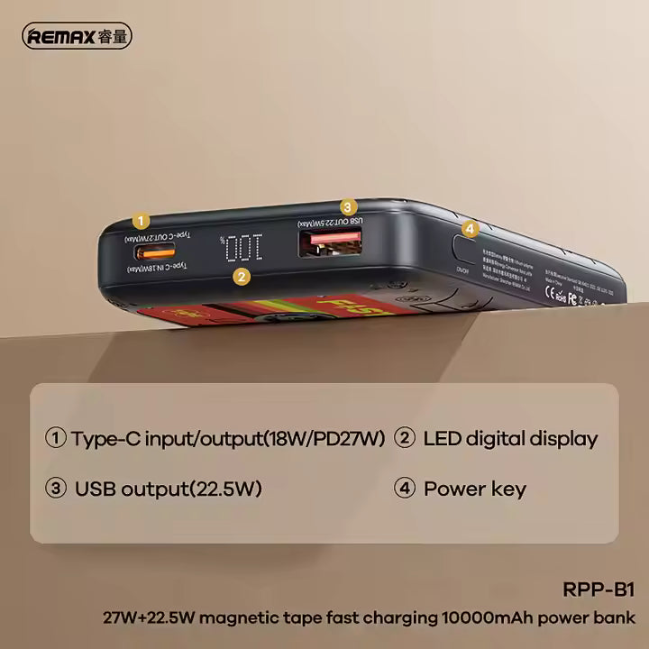 Remax RPP-B1 10000mAh 27W and 22.5W Fast Charging Power Bank with Built-in Cable