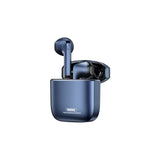 Blue wireless earbuds in charging case on a white background