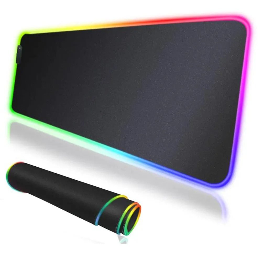 RGB gaming mousepad (800x300x4mm) featuring dynamic glow fiber lighting, smooth braided surface, and non-slip rubber base