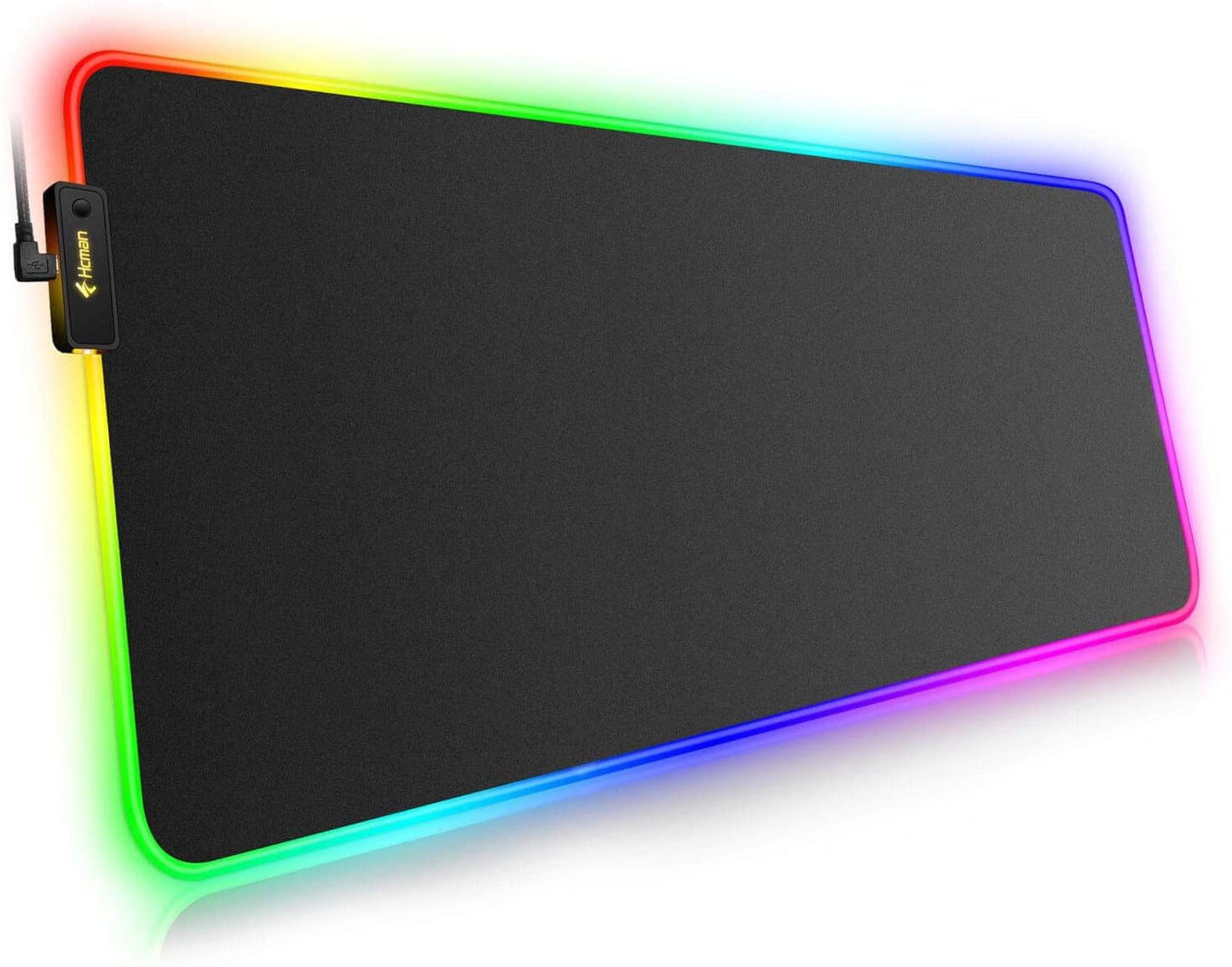 RGB gaming mousepad (800x300x4mm) featuring dynamic glow fiber lighting, smooth braided surface, and non-slip rubber base