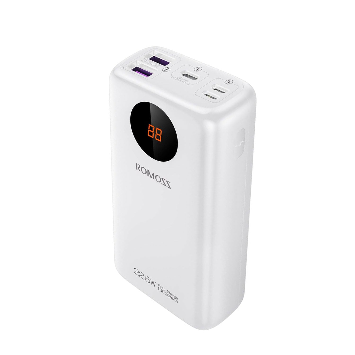 Romoss SW10PF 22.5W fast charging power bank featuring 10000mAh capacity, digital LED display, 3 input ports, and 3 output ports