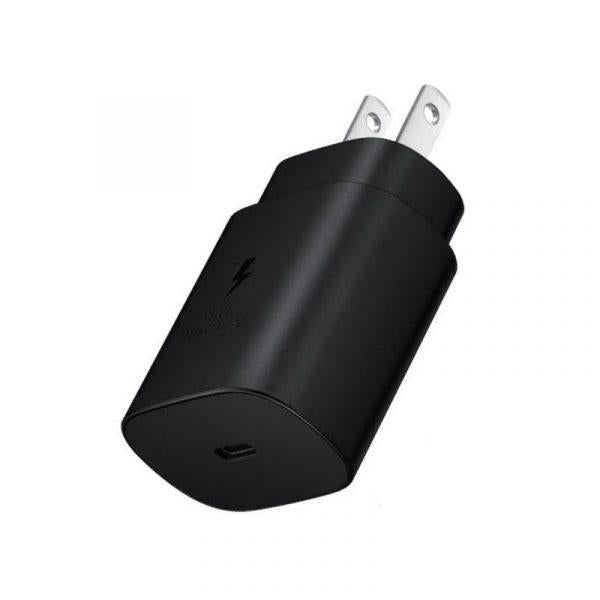 Authentic Samsung 25W original PD power adapter featuring its standard EU two-pin round plug layout, top-facing high-output Type-C connection node, and compact lightweight frame