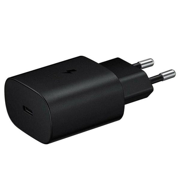 Authentic Samsung 25W original PD power adapter featuring its standard EU two-pin round plug layout, top-facing high-output Type-C connection node, and compact lightweight frame