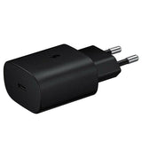 Authentic Samsung 25W original PD power adapter featuring its standard EU two-pin round plug layout, top-facing high-output Type-C connection node, and compact lightweight frame