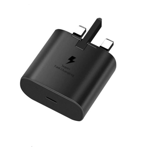 Authentic Samsung 25W original PD power adapter featuring its standard EU two-pin round plug layout, top-facing high-output Type-C connection node, and compact lightweight frame.