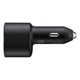 Samsung dual super fast car charger adapter showcasing its Type-C Power Delivery port, auxiliary USB Quick Charge slot, rugged fireproof PC shell housing, and included heavy-duty charging cord