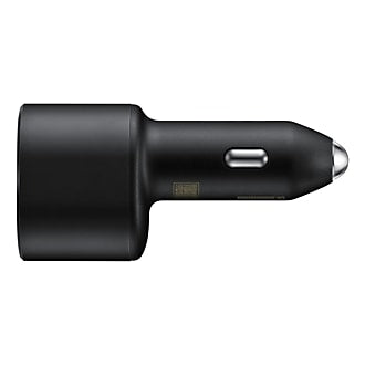 Samsung dual super fast car charger adapter showcasing its Type-C Power Delivery port, auxiliary USB Quick Charge slot, rugged fireproof PC shell housing, and included heavy-duty charging cord