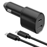 Samsung dual super fast car charger adapter showcasing its Type-C Power Delivery port, auxiliary USB Quick Charge slot, rugged fireproof PC shell housing, and included heavy-duty charging cord