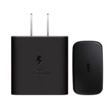 Samsung 45W PD super fast charger wall adapter highlighting its compact US two-pin flat plug design, single high-output USB Type-C connection node, and GaN technology internal core