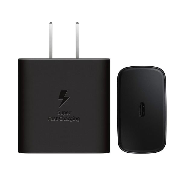 Samsung 45W PD super fast charger wall adapter highlighting its compact US two-pin flat plug design, single high-output USB Type-C connection node, and GaN technology internal core