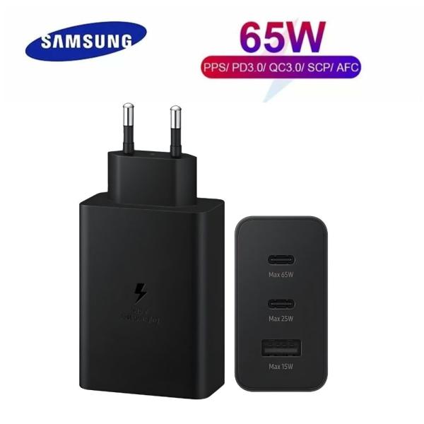 Samsung 65W Trio PD power adapter featuring its standard EU two-pin plug configuration, triple out port matrix with dual Type-C slots and a single USB-A channel, and compact portable casing