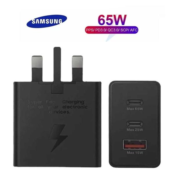 Samsung 65W Trio PD power adapter showing its rectangular UK three-pin wall connection geometry, triple output port configuration panel with dual Type-C slots and single USB-A bay, and robust compact housing