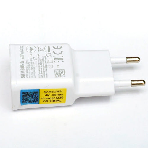 Samsung Original Travel Charger 2021 Series Q30 wall adapter showcasing its premium compact power brick design and wall plug pins