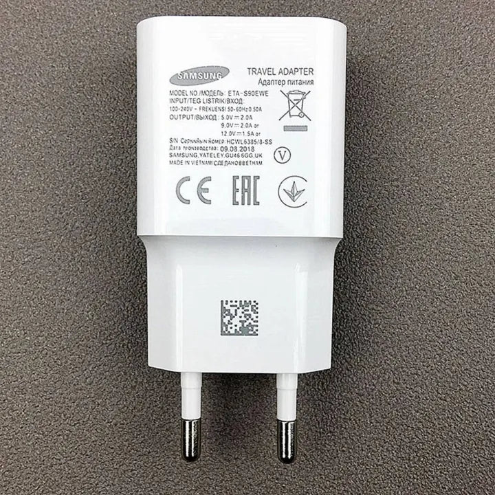 Samsung Original Travel Charger 2021 Series Q30 wall adapter showcasing its premium compact power brick design and wall plug pins
