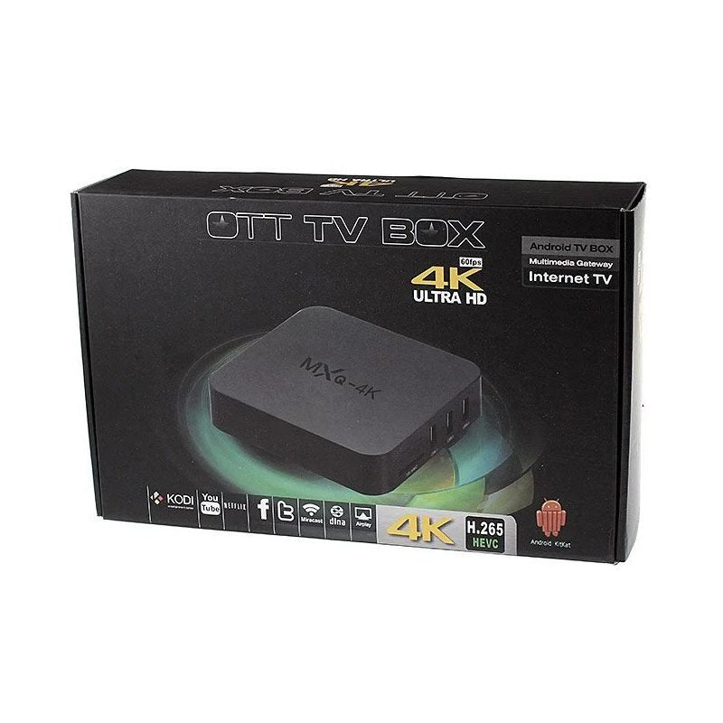 Smart Box MXQ 4K smart TV box highlighting its compact square design, outer interface port panel featuring four USB host bays, an SD card slot, an HDMI out port, and its bundled remote controller