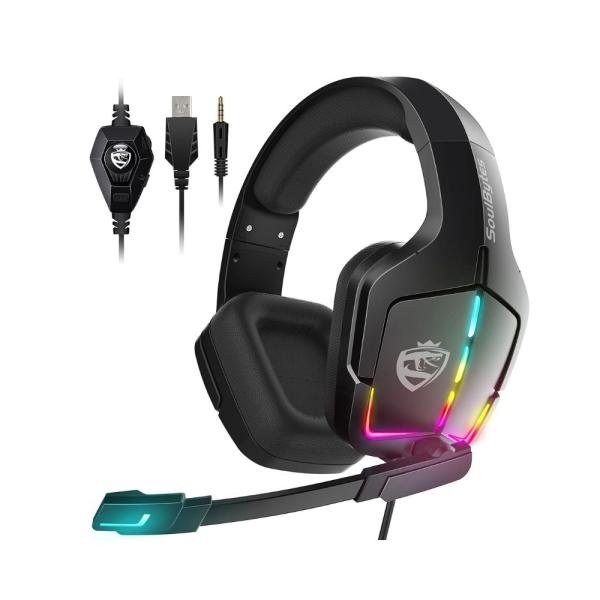 Soulbytes S12 gaming headset with dynamic RGB lighting, 50mm drivers, and noise-canceling mic for PS5, Xbox, and PC