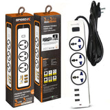 Speed-X 303PU Premium Portable Power Strip featuring 3 sockets, 3 USB ports, and a 2-meter cable for secure home/office power distribution