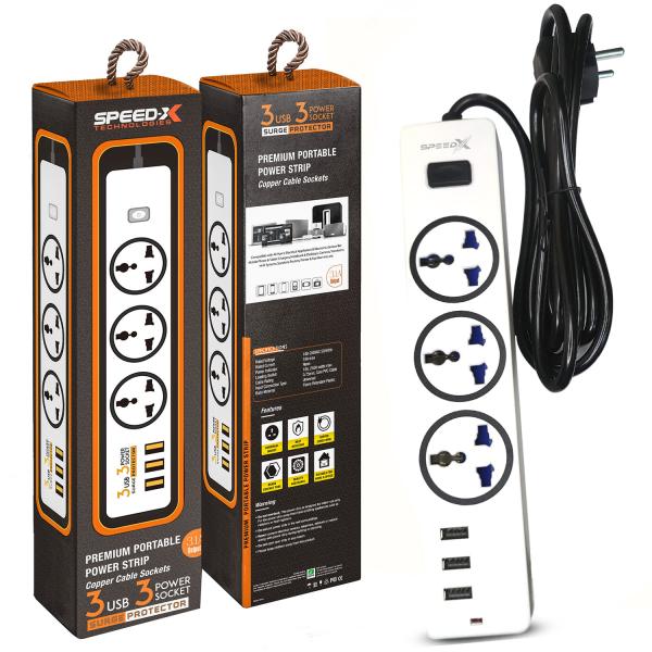 Speed-X 303PU Premium Portable Power Strip featuring 3 sockets, 3 USB ports, and a 2-meter cable for secure home/office power distribution