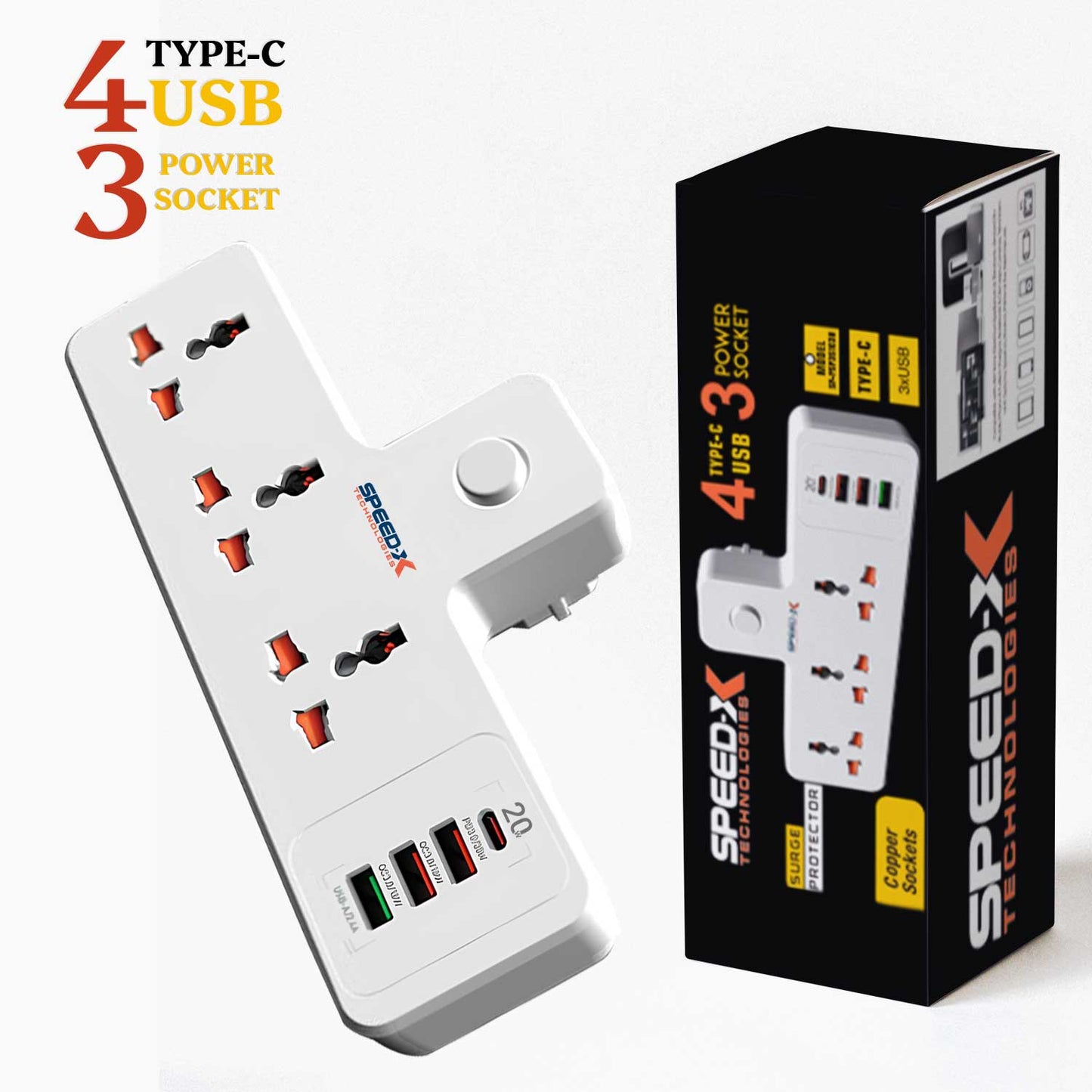 Speed-X 304PUC Premium Portable Power Strip with 3 sockets, 3 USB ports, and Type-C charging for home and office appliances