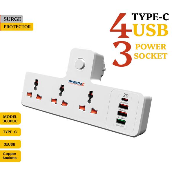 Speed-X 304PUC Premium Portable Power Strip with 3 sockets, 3 USB ports, and Type-C charging for home and office appliances