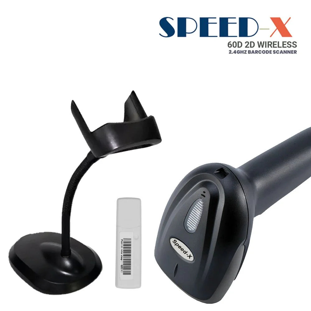 Speed-X 60D wireless 2D barcode scanner with stand, 2.4GHz connectivity, and 1500mAh lithium battery for retail and inventory