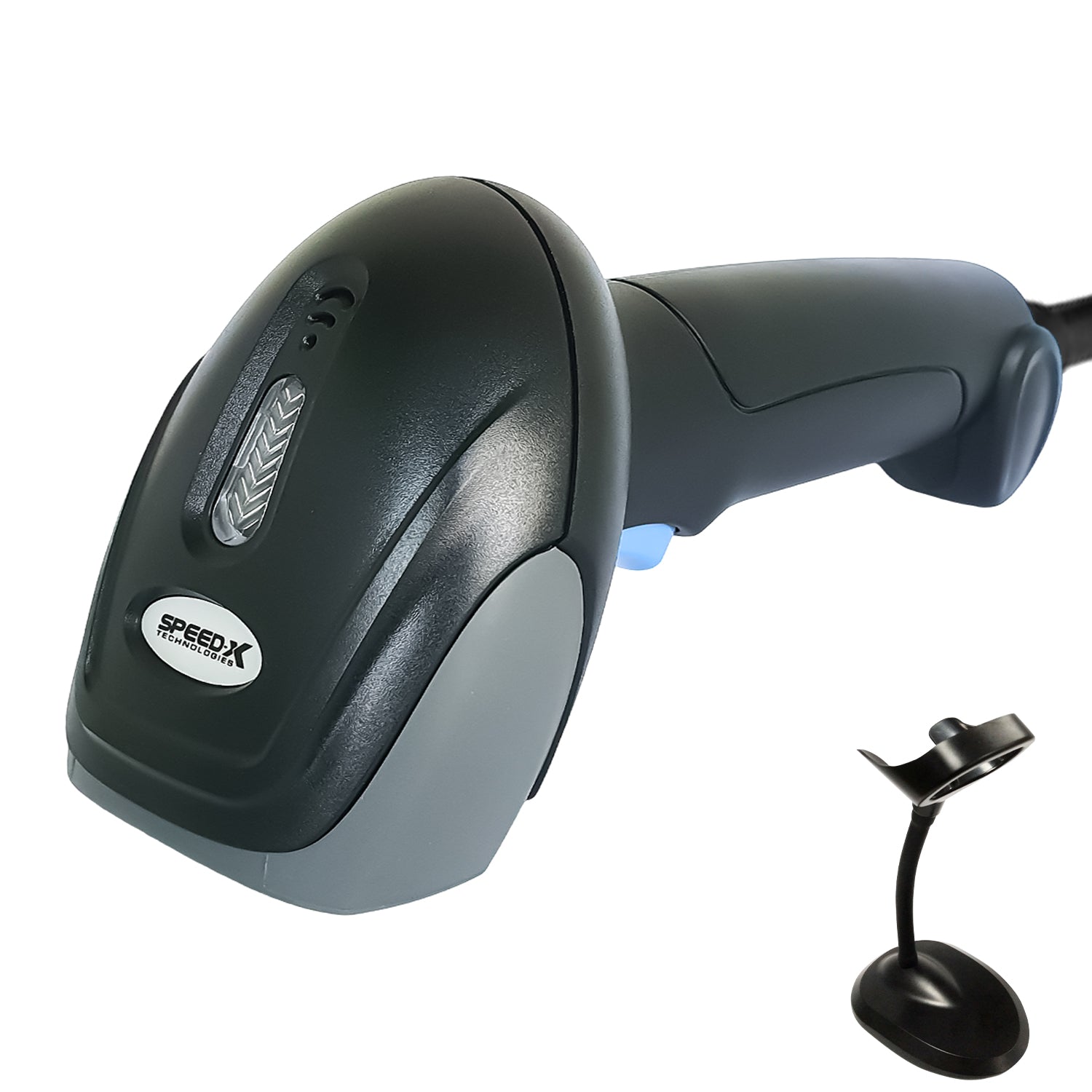 Speed-X 8600 2D handheld CMOS barcode scanner with ergonomic stand for retail and inventory