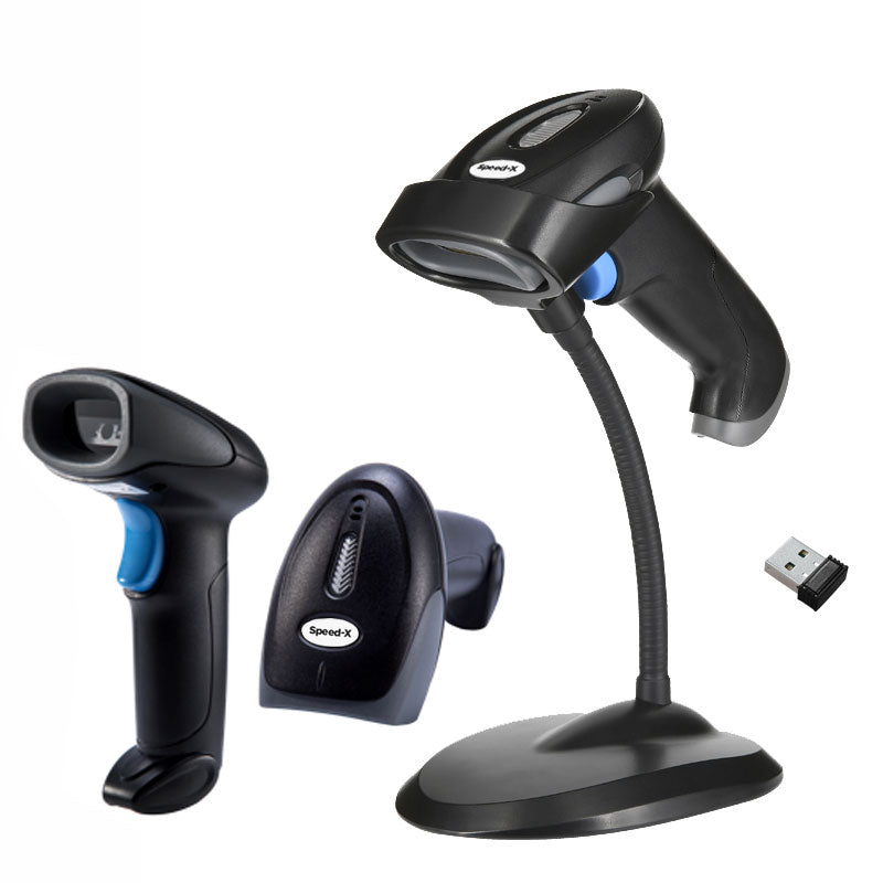 Speed-X 8700 wireless 2D barcode scanner with stand and USB receiver, supporting QR code and inventory modes